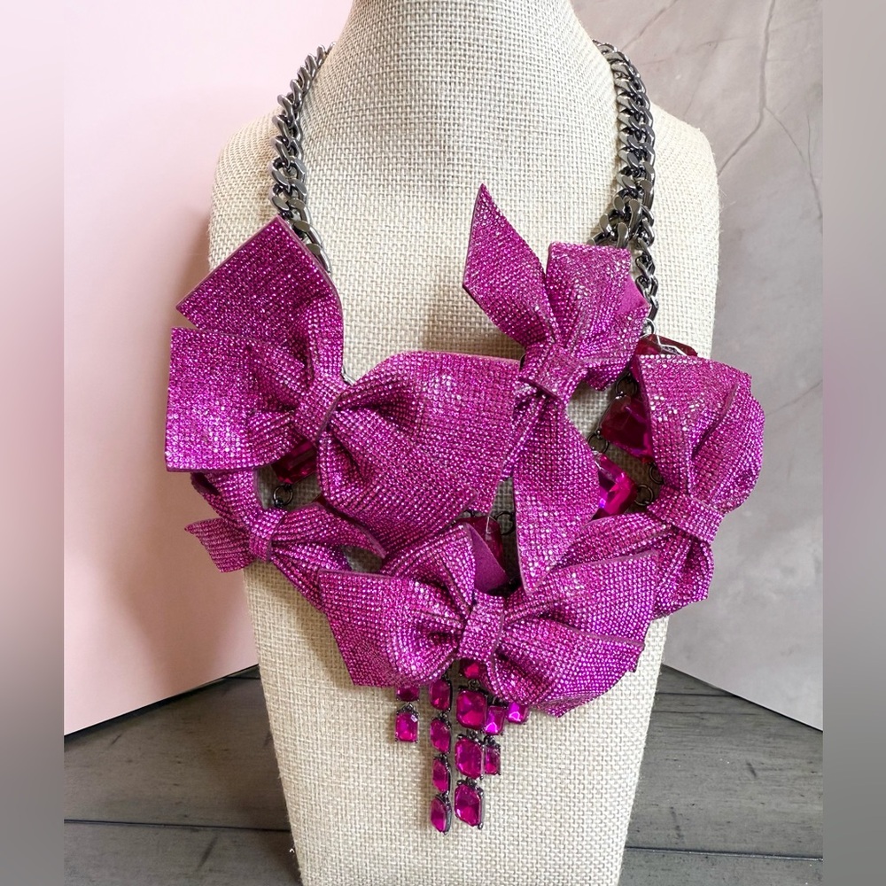 Betsey Johnson Pink Fuchsia Bow Pave Crystal Statement Necklace